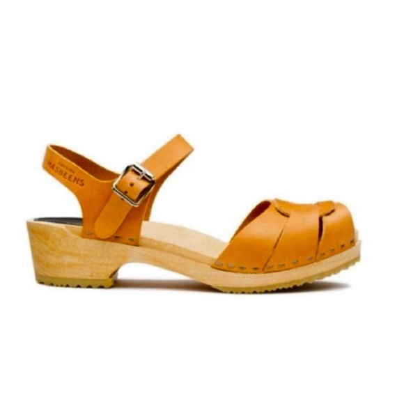 NEW Swedish Hasbeens Peep Toe Low Wood Clog Sandals Nature Size 38 US 8 - Picture 2 of 16